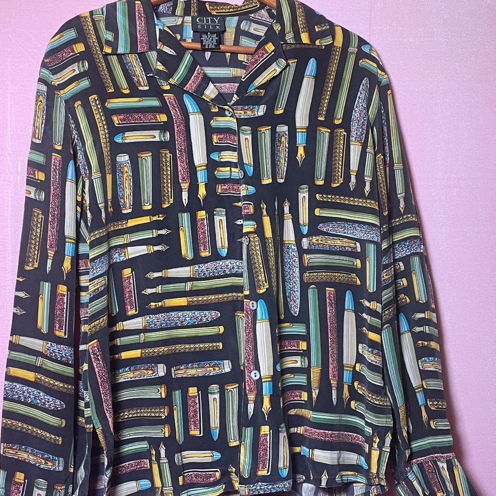 Vintage fountain pen motif blouse 90's